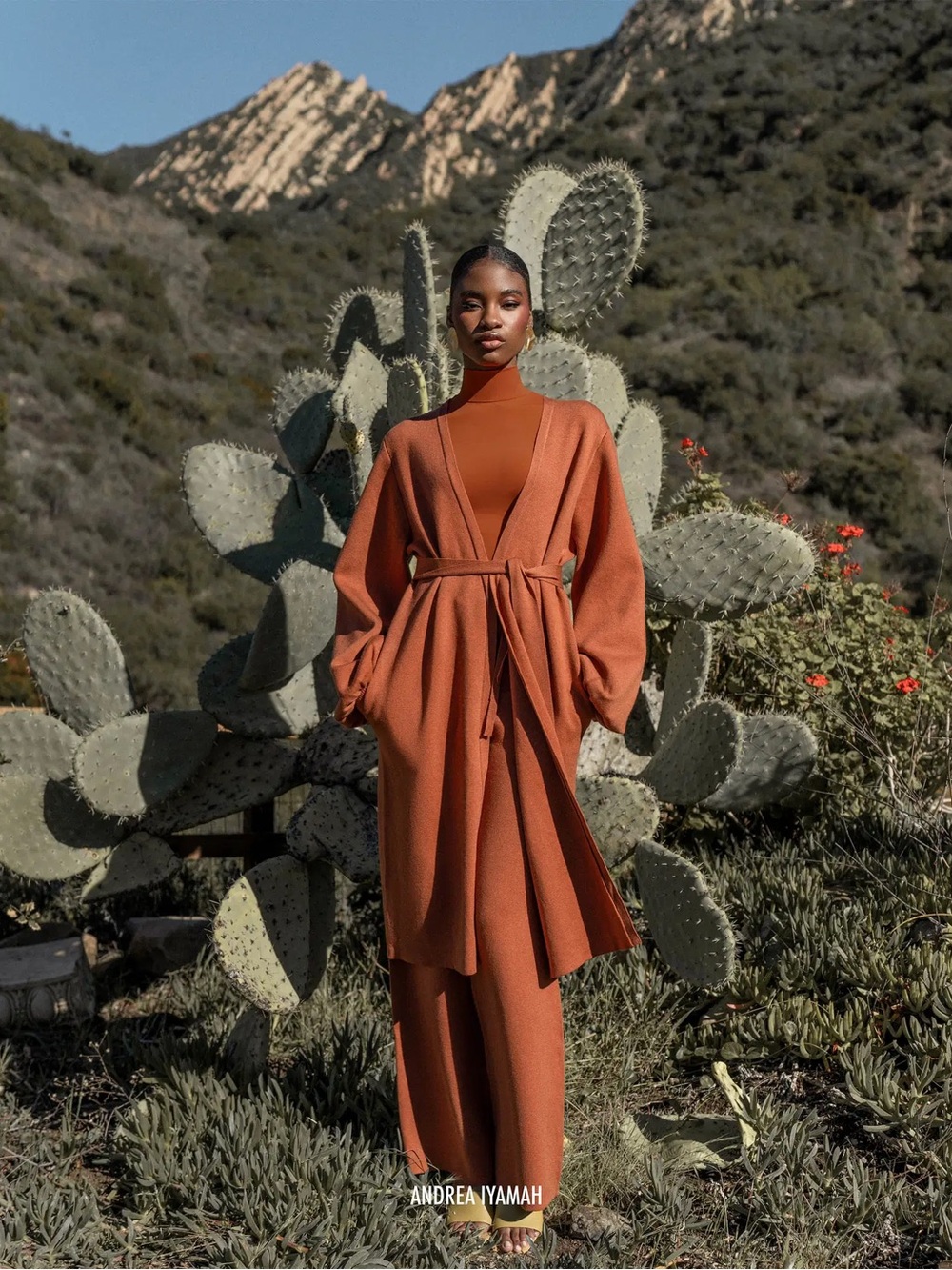 Andrea Iyamah Burnt Orange Knit Wrap Coat and Wide-Leg Pants